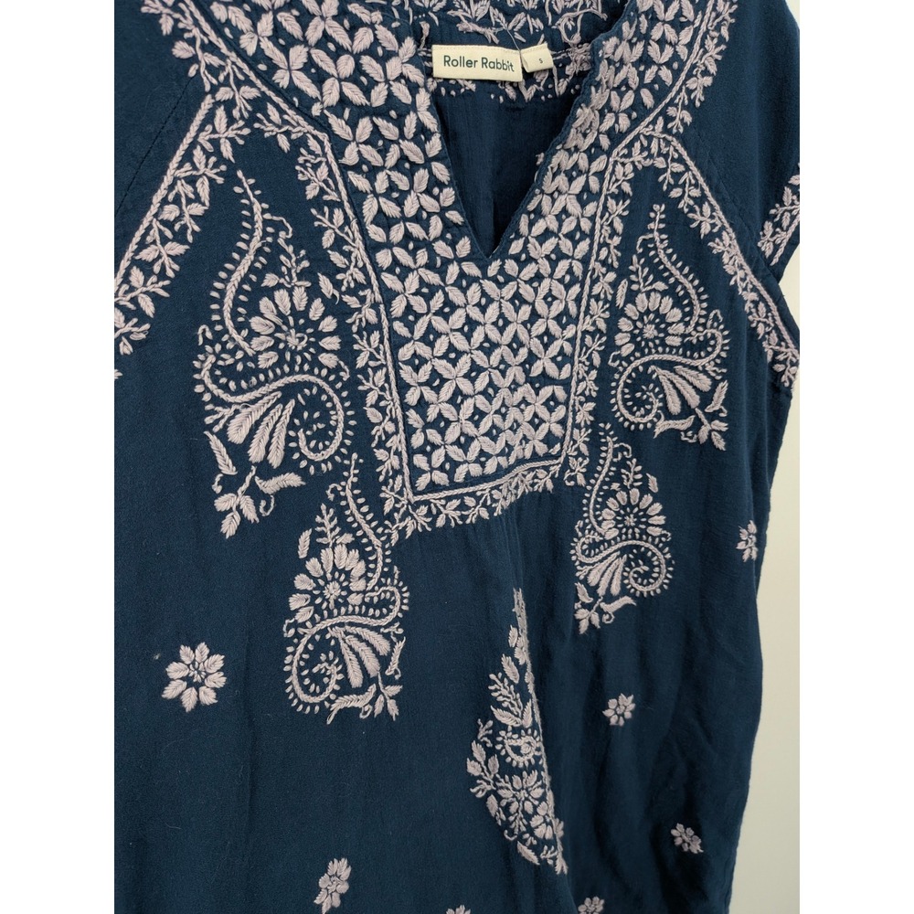Roller Rabbit Embroidered Tunic Dress Women Small Blue Cotton V-Neck Cap Sleeve - Picture 2 of 7